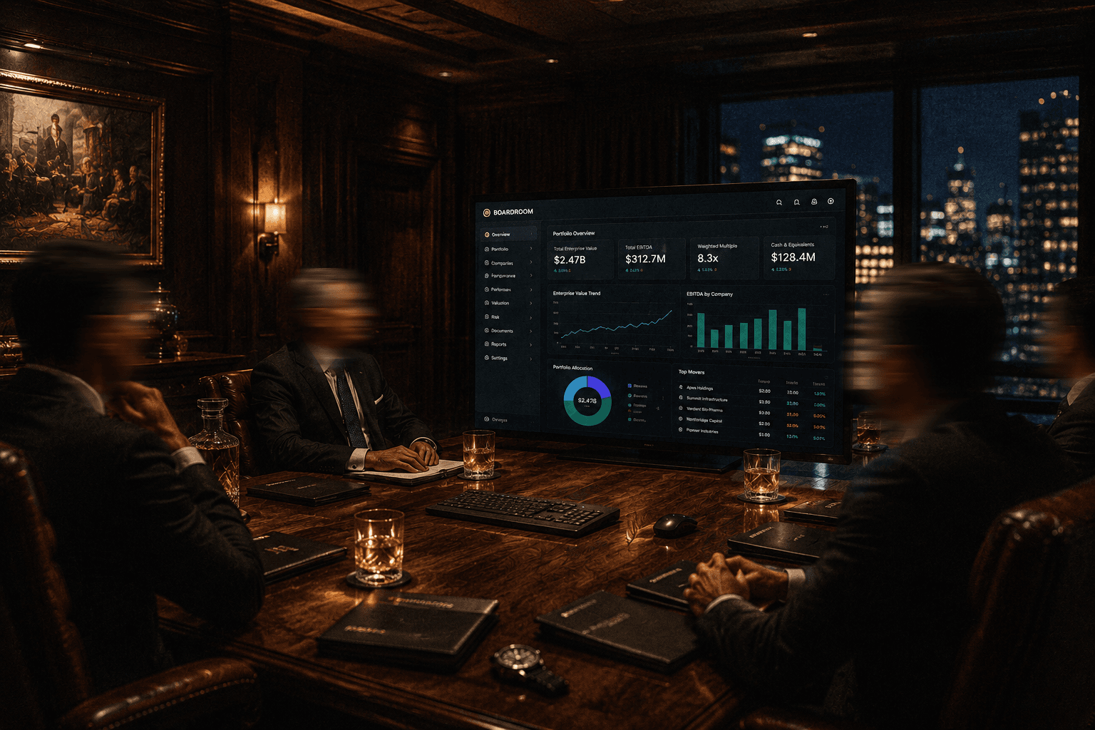 A boardroom at night, executives seated around a walnut table, the Boardroom terminal open on the monitor