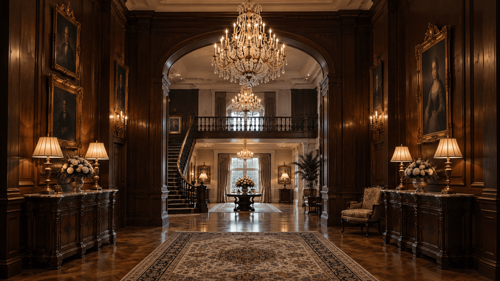 The entrance hall of a panelled house, chandeliers lit