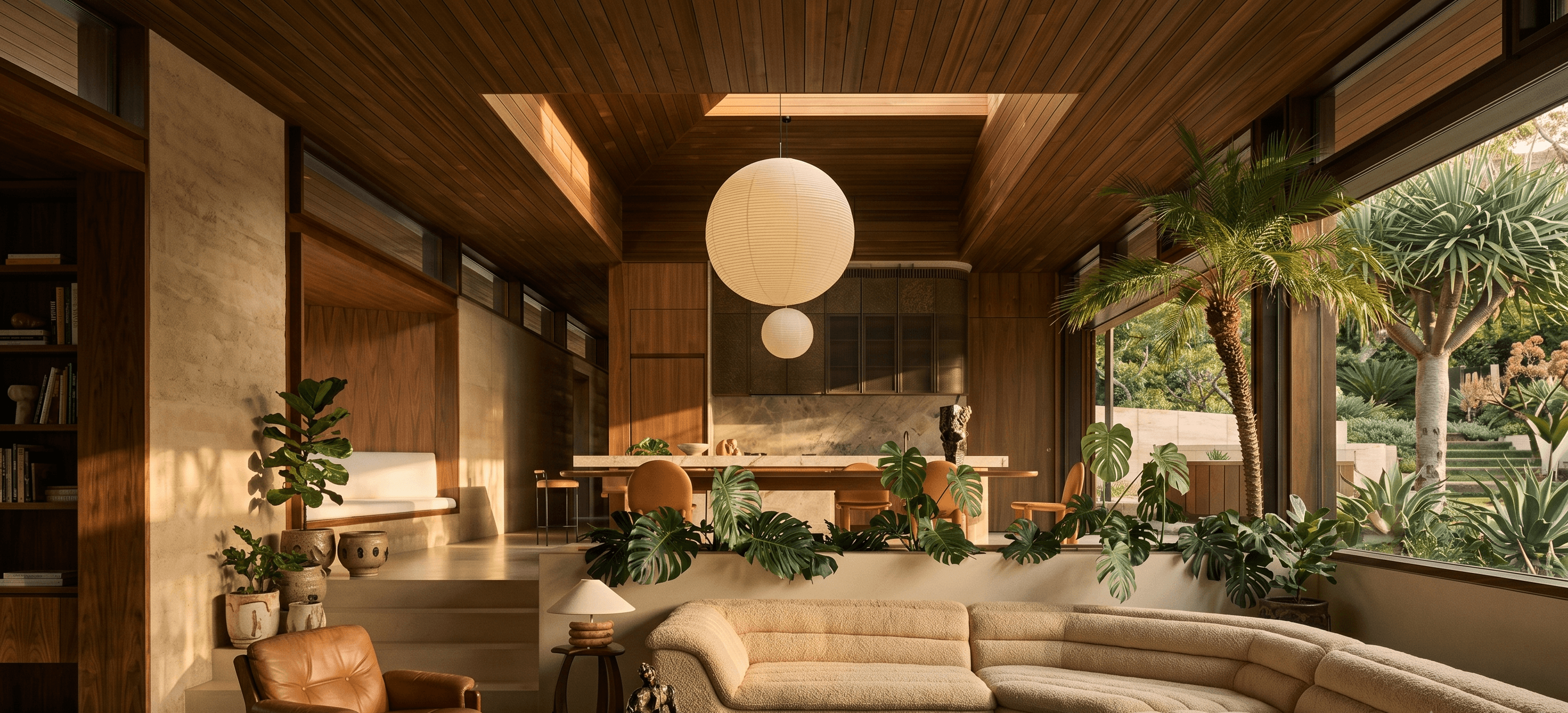 A warm, sunlit studio with a long sofa and a garden beyond the glass